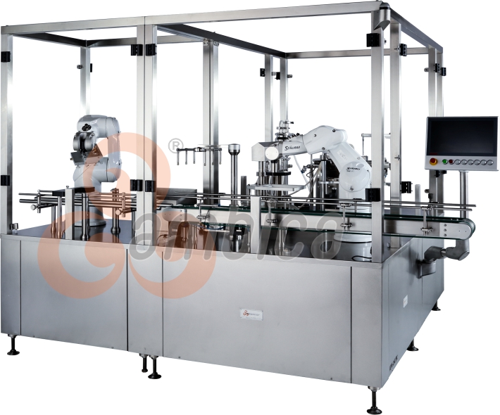 Fully Automatic Clean Room Robot Based Pre-Fillable Syringe Filling and Plungering Machines with 100% In Process Check Weighing System. Models: APFS-2H-IPC and APFS-5H-IPC